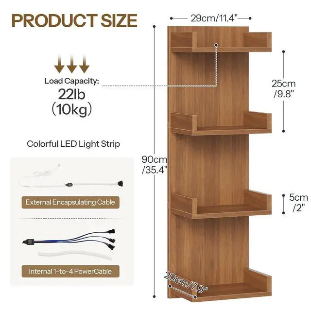 Alt view image 3 of 7 - Floating Wall Shelves with LED Lights, Floating Shelf Wall Mounted | Shelf for Storage, Vertical Display Stand, Modern Column Rack, for Bedroom, Livingroom, 4-Tier, 35.4 Inches, Walnut