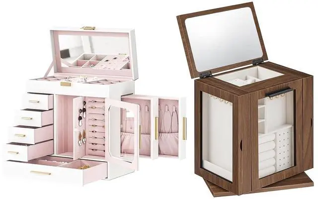 Main image of Jewelry Box with Mirror, Jewelry Organizer Box with Capacious Storage Space and 360° Rotating Jewelry Box with Mirror, Jewelry Organizer with 4 Drawers Bundle, WT06JB04G1-BH31JB04