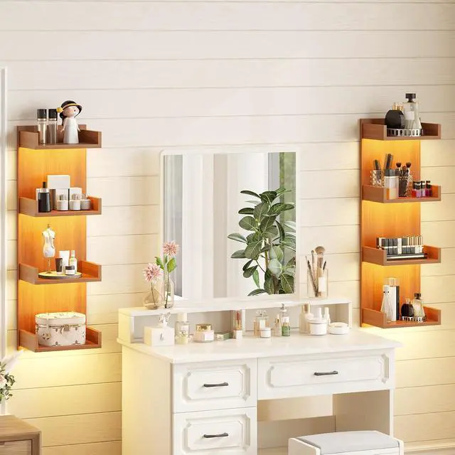 Alt view image 4 of 7 - Floating Wall Shelves with LED Lights, Floating Shelf Wall Mounted | Shelf for Storage, Vertical Display Stand, Modern Column Rack, for Bedroom, Livingroom, 4-Tier, 35.4 Inches, Walnut