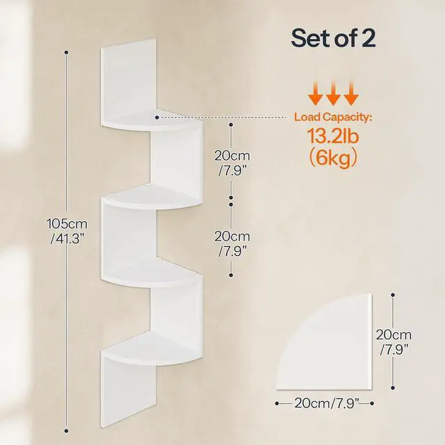 Alt view image 3 of 7 - Corner Shelf Wall-Mounted, Set of 2 Floating Corner Shelves for Wall, 4-Tier Corner Bookshelves for Living Room, Bedroom, Bathroom, Home Office, White WT25BJP201