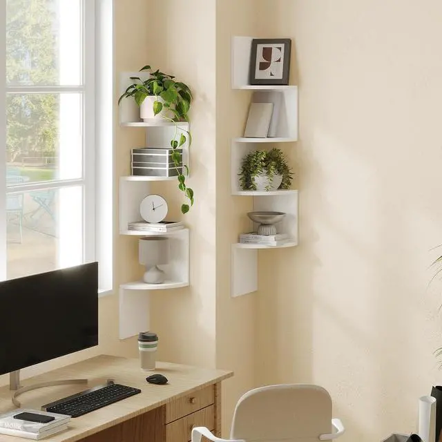 Alt view image 4 of 7 - Corner Shelf Wall-Mounted, Set of 2 Floating Corner Shelves for Wall, 4-Tier Corner Bookshelves for Living Room, Bedroom, Bathroom, Home Office, White WT25BJP201