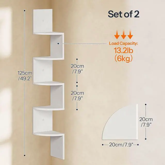 Alt view image 2 of 7 - Corner Shelf Wall-Mounted, Set of 2 Floating Corner Shelves for Wall, 5-Tier Corner Bookshelves for Living Room, Bedroom, Bathroom, Home Office, White WT26BJP201