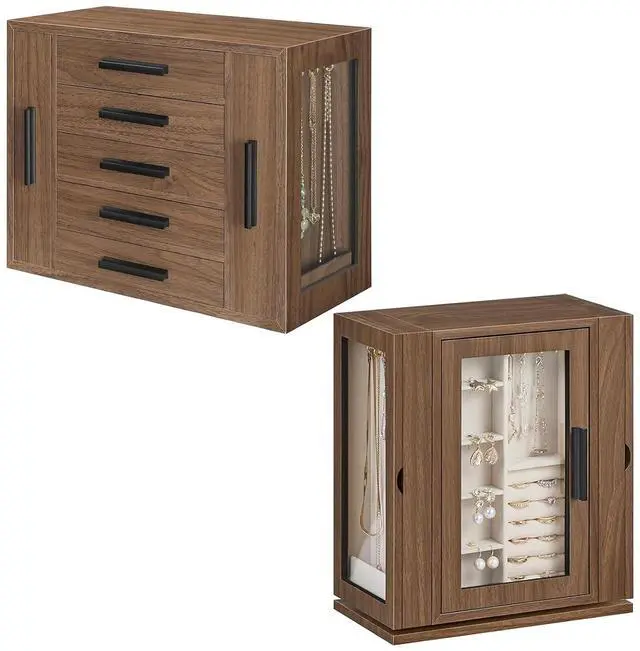 Main image of 5-Tier Jewelry Box, Wooden Jewelry Organizer with Transparent Windows and 360° Rotating Jewelry Box, Wooden Jewelry Organizer Bundle, BH19JB04-BH30JB04