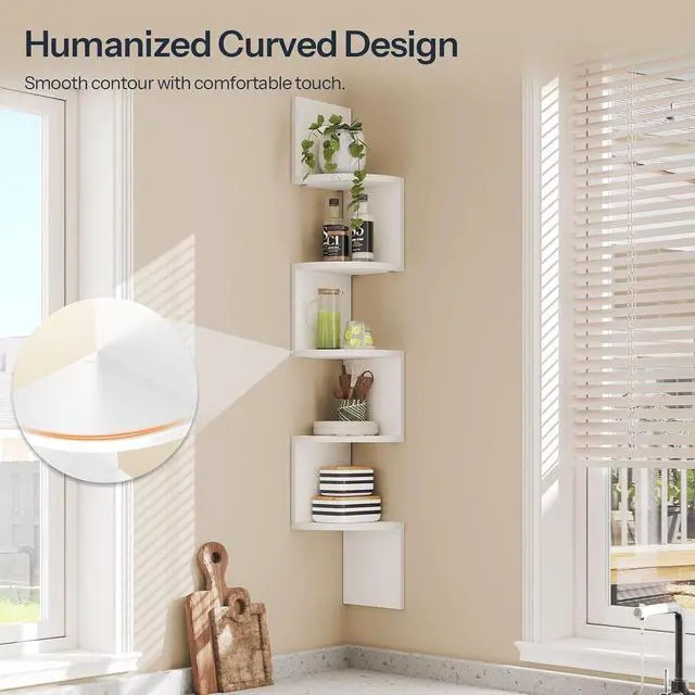 Alt view image 5 of 7 - Corner Shelf Wall-Mounted, Set of 2 Floating Corner Shelves for Wall, 5-Tier Corner Bookshelves for Living Room, Bedroom, Bathroom, Home Office, White WT26BJP201