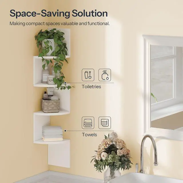 Alt view image 6 of 7 - Corner Shelf Wall-Mounted, Set of 2 Floating Corner Shelves for Wall, 4-Tier Corner Bookshelves for Living Room, Bedroom, Bathroom, Home Office, White WT25BJP201