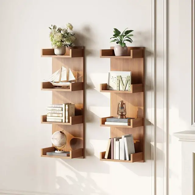 Alt view image 6 of 7 - Floating Wall Shelves with LED Lights, Floating Shelf Wall Mounted | Shelf for Storage, Vertical Display Stand, Modern Column Rack, for Bedroom, Livingroom, 4-Tier, 35.4 Inches, Walnut