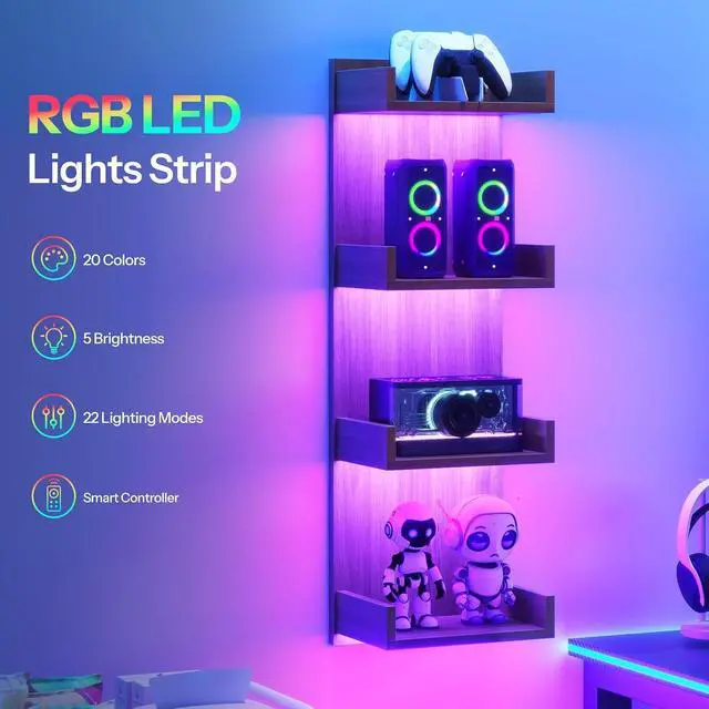 Alt view image 5 of 7 - Floating Wall Shelves with LED Lights, Floating Shelf Wall Mounted | Shelf for Storage, Vertical Display Stand, Modern Column Rack, for Bedroom, Livingroom, 4-Tier, 35.4 Inches, Walnut