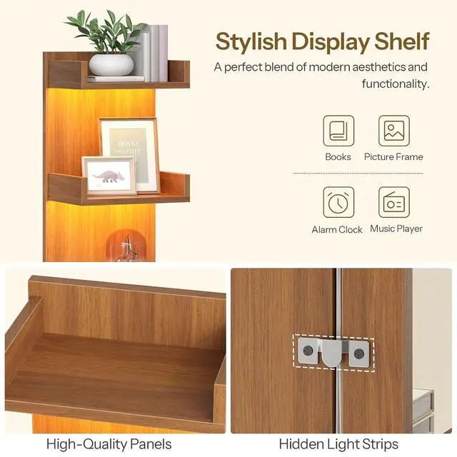 Alt view image 7 of 7 - Floating Wall Shelves with LED Lights, Floating Shelf Wall Mounted | Shelf for Storage, Vertical Display Stand, Modern Column Rack, for Bedroom, Livingroom, 4-Tier, 35.4 Inches, Walnut