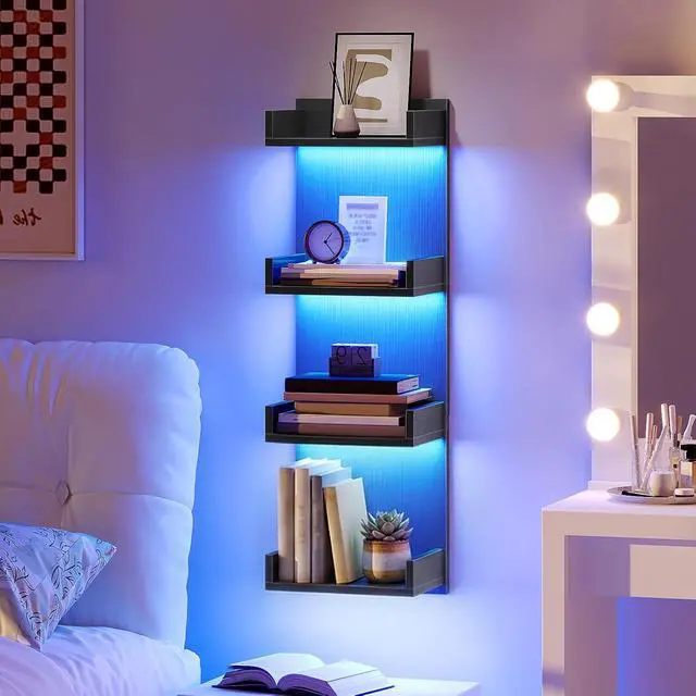 Alt view image 2 of 7 - Floating Wall Shelves with LED Lights, Floating Shelf Wall Mounted for Storage, Vertical Display Stand, Modern Column Rack, for Bedroom, Livingroom, 4-Tier, 35.4 Inches, Black, BK41DBJ01