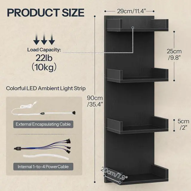 Alt view image 3 of 7 - Floating Wall Shelves with LED Lights, Floating Shelf Wall Mounted for Storage, Vertical Display Stand, Modern Column Rack, for Bedroom, Livingroom, 4-Tier, 35.4 Inches, Black, BK41DBJ01