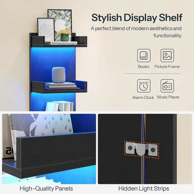 Alt view image 5 of 7 - Floating Wall Shelves with LED Lights, Floating Shelf Wall Mounted for Storage, Vertical Display Stand, Modern Column Rack, for Bedroom, Livingroom, 4-Tier, 35.4 Inches, Black, BK41DBJ01