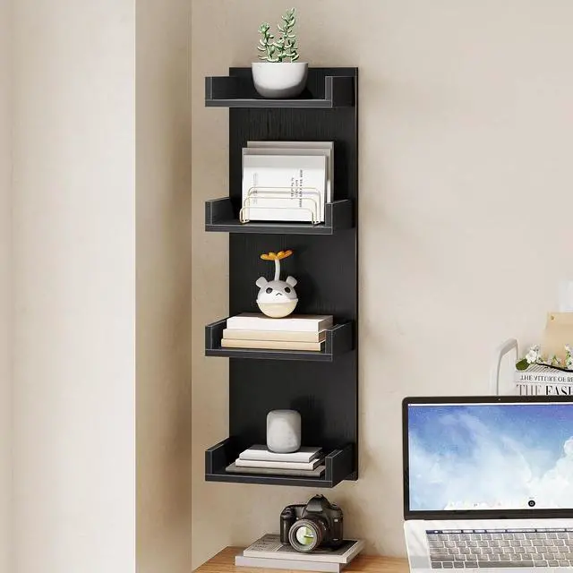 Alt view image 4 of 7 - Floating Wall Shelves with LED Lights, Floating Shelf Wall Mounted for Storage, Vertical Display Stand, Modern Column Rack, for Bedroom, Livingroom, 4-Tier, 35.4 Inches, Black, BK41DBJ01