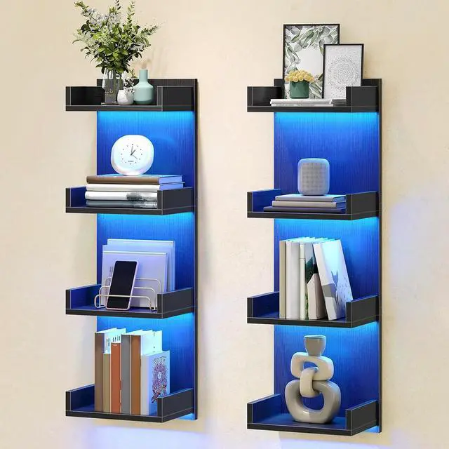 Alt view image 6 of 7 - Floating Wall Shelves with LED Lights, Floating Shelf Wall Mounted for Storage, Vertical Display Stand, Modern Column Rack, for Bedroom, Livingroom, 4-Tier, 35.4 Inches, Black, BK41DBJ01