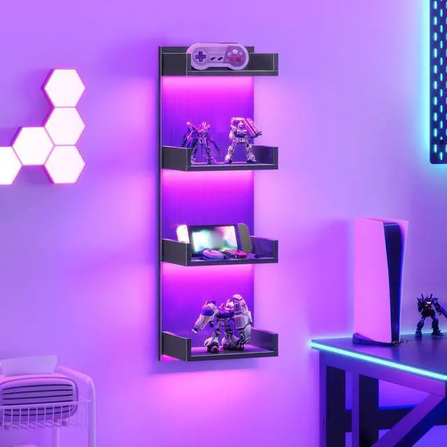 Alt view image 7 of 7 - Floating Wall Shelves with LED Lights, Floating Shelf Wall Mounted for Storage, Vertical Display Stand, Modern Column Rack, for Bedroom, Livingroom, 4-Tier, 35.4 Inches, Black, BK41DBJ01
