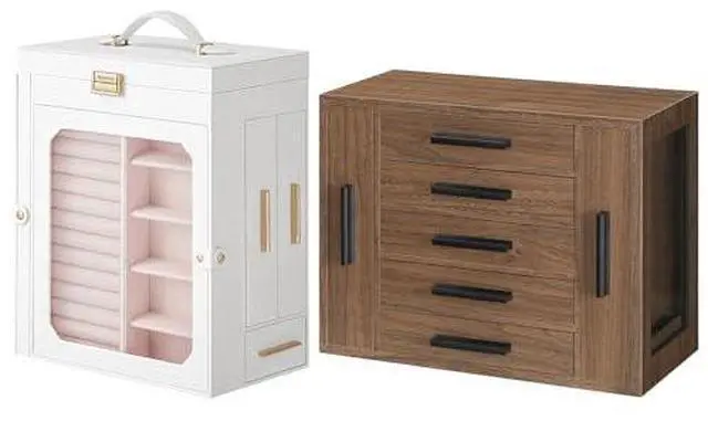 Main image of Jewelry Box with Mirror and 5-Tier Jewelry Box Bundle, Travel Jewelry Organizer with Glass Window, Jewelry Storage Box with 2 Vertical Drawers, WT03JB04G2-BH19JB04
