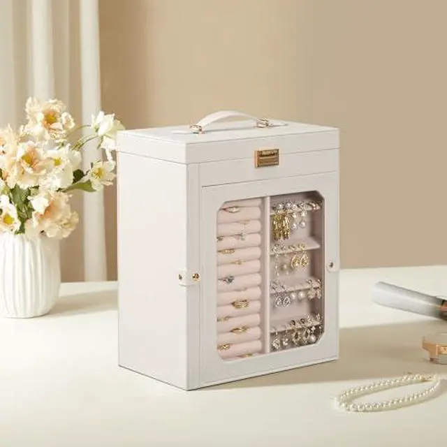 Alt view image 3 of 7 - Jewelry Box with Mirror and 5-Tier Jewelry Box Bundle, Travel Jewelry Organizer with Glass Window, Jewelry Storage Box with 2 Vertical Drawers, WT03JB04G2-BH19JB04
