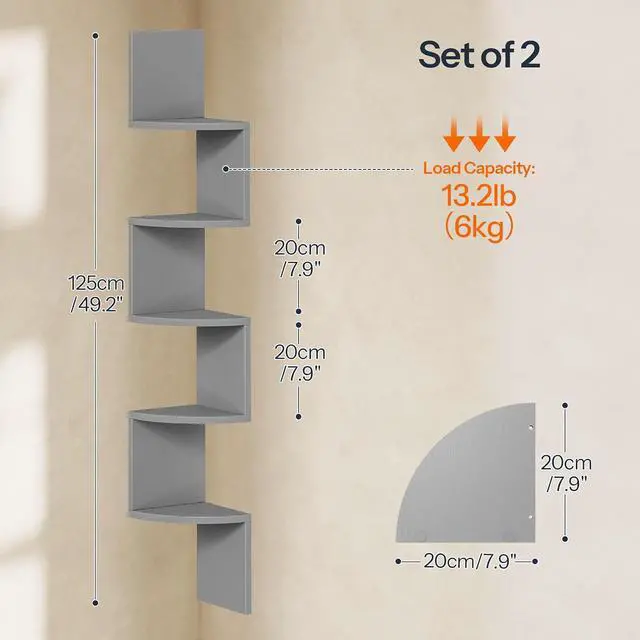 Alt view image 2 of 7 - Corner Shelf Wall-Mounted, Set of 2 Floating Corner Shelves for Wall, 5-Tier Bookshelves for Wall Decor in Living Room, Bedroom, Home Office, Dove Gray GY26BJP201