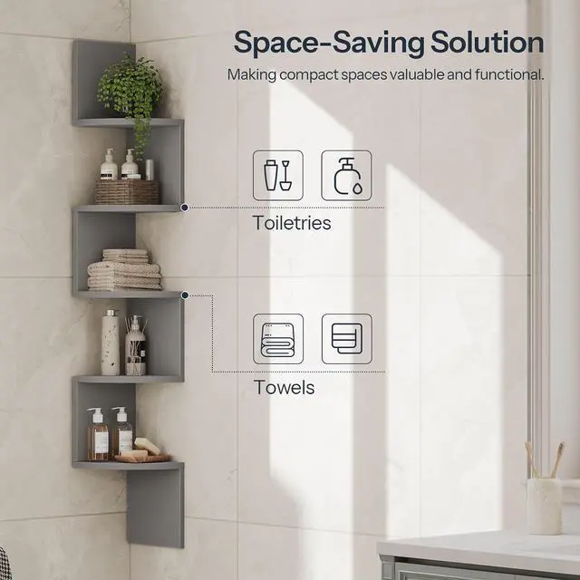 Alt view image 6 of 7 - Corner Shelf Wall-Mounted, Set of 2 Floating Corner Shelves for Wall, 5-Tier Bookshelves for Wall Decor in Living Room, Bedroom, Home Office, Dove Gray GY26BJP201