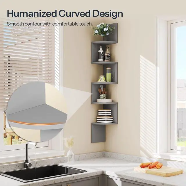 Alt view image 5 of 7 - Corner Shelf Wall-Mounted, Set of 2 Floating Corner Shelves for Wall, 5-Tier Bookshelves for Wall Decor in Living Room, Bedroom, Home Office, Dove Gray GY26BJP201