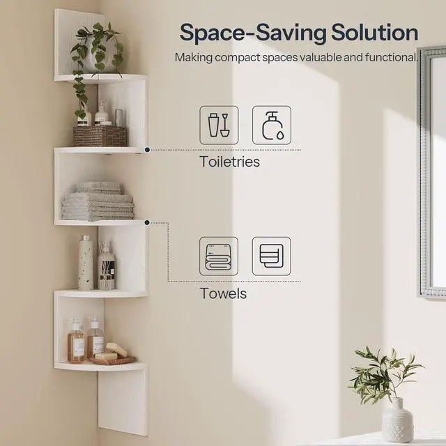 Alt view image 6 of 7 - Corner Shelf Wall-Mounted, Set of 2 Floating Corner Shelves for Wall, 5-Tier Corner Bookshelves for Living Room, Bedroom, Bathroom, Home Office, White WT26BJP201
