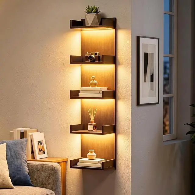 Alt view image 2 of 7 - Floating Wall Shelf with LED Lights, Floating Shelf Wall Mounted for Storage, Vertical Display Stand, Modern Column Rack, for Bedroom, Livingroom, 5-Tier, 45.7 Inches, Black, BK51DBJ01N1