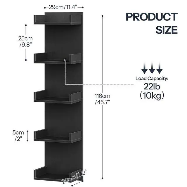 Alt view image 3 of 7 - Floating Wall Shelf with LED Lights, Floating Shelf Wall Mounted for Storage, Vertical Display Stand, Modern Column Rack, for Bedroom, Livingroom, 5-Tier, 45.7 Inches, Black, BK51DBJ01N1
