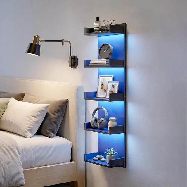 Alt view image 4 of 7 - Floating Wall Shelf with LED Lights, Floating Shelf Wall Mounted for Storage, Vertical Display Stand, Modern Column Rack, for Bedroom, Livingroom, 5-Tier, 45.7 Inches, Black, BK51DBJ01N1