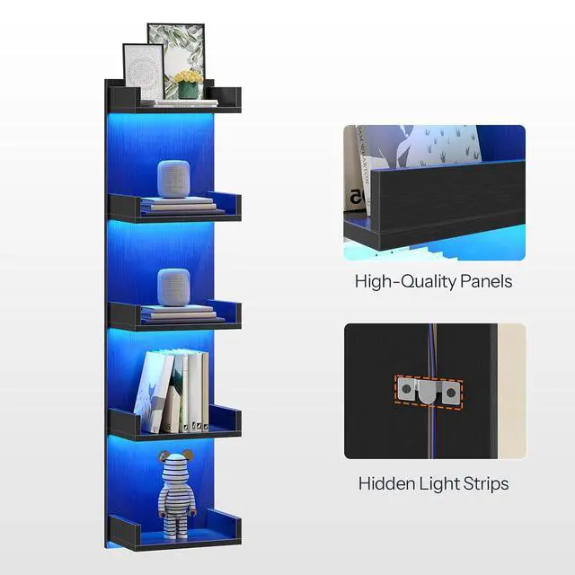 Alt view image 7 of 7 - Floating Wall Shelf with LED Lights, Floating Shelf Wall Mounted for Storage, Vertical Display Stand, Modern Column Rack, for Bedroom, Livingroom, 5-Tier, 45.7 Inches, Black, BK51DBJ01N1