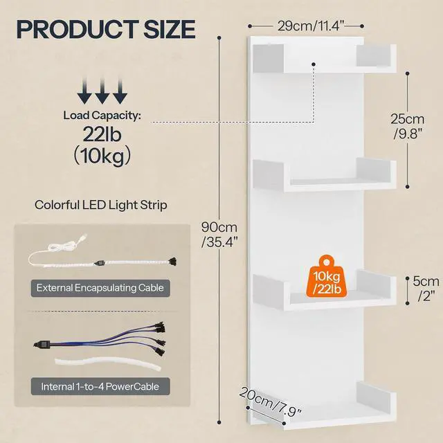 Alt view image 3 of 7 - Floating Wall Shelves with LED Lights, Floating Shelf Wall Mounted for Storage, Vertical Display Stand, Modern Column Rack, for Bedroom, Livingroom, 4-Tier, 35.4 Inches, White, WT41DBJ01