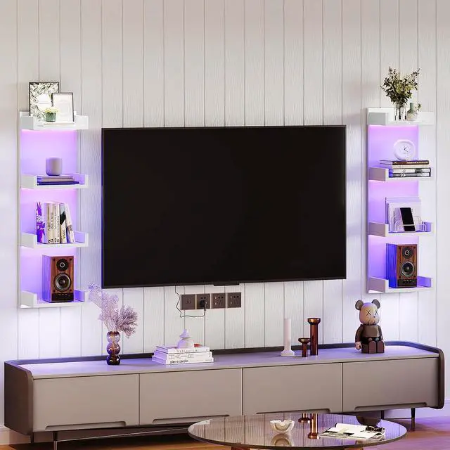 Alt view image 2 of 7 - Floating Wall Shelves with LED Lights, Floating Shelf Wall Mounted for Storage, Vertical Display Stand, Modern Column Rack, for Bedroom, Livingroom, 4-Tier, 35.4 Inches, White, WT41DBJ01