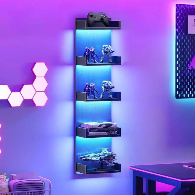 Alt view image 5 of 7 - Floating Wall Shelf with LED Lights, Floating Shelf Wall Mounted for Storage, Vertical Display Stand, Modern Column Rack, for Bedroom, Livingroom, 5-Tier, 45.7 Inches, Black, BK51DBJ01N1
