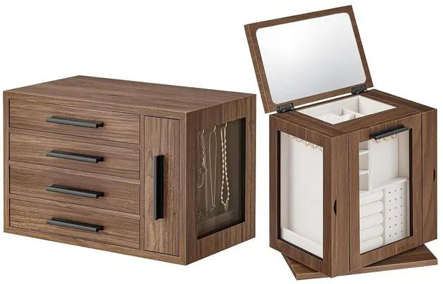 Main image of Jewelry Box for Women, Wooden Jewelry Organizer with Transparent Window and 360° Rotating Jewelry Box with Mirror, Jewelry Organizer with 4 Drawers Bundle, BH09JB04-BH31JB04