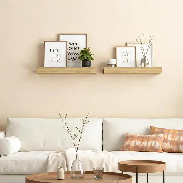 Alt view image 2 of 7 - Floating Shelves for Wall, Wall Mounted Shelf Set of 2, 15.7" Hanging Shelf with Invisible Brackets, for Wall Decor Storage in Bathroom Bedroom Kitchen Living Room Office, Natural NL40BJ01