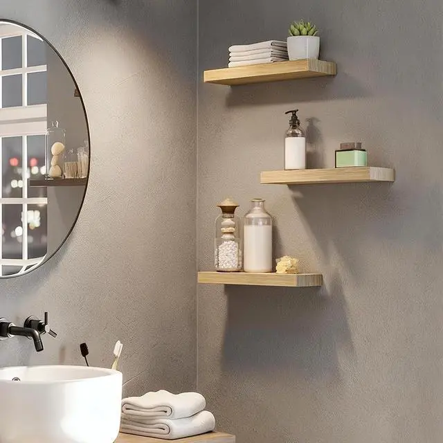 Alt view image 4 of 7 - Floating Shelves for Wall, Wall Mounted Shelf Set of 2, 15.7" Hanging Shelf with Invisible Brackets, for Wall Decor Storage in Bathroom Bedroom Kitchen Living Room Office, Natural NL40BJ01