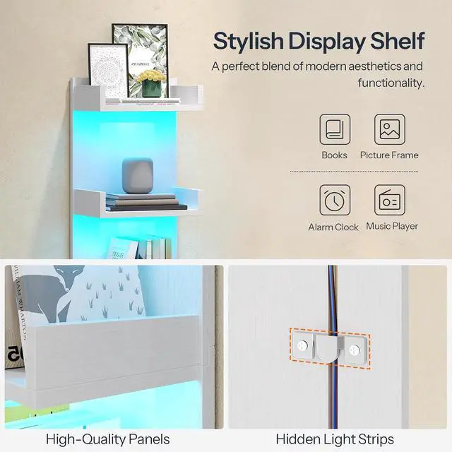 Alt view image 5 of 7 - Floating Wall Shelves with LED Lights, Floating Shelf Wall Mounted for Storage, Vertical Display Stand, Modern Column Rack, for Bedroom, Livingroom, 4-Tier, 35.4 Inches, White, WT41DBJ01