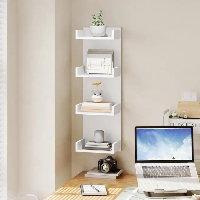 Alt view image 4 of 7 - Floating Wall Shelves with LED Lights, Floating Shelf Wall Mounted for Storage, Vertical Display Stand, Modern Column Rack, for Bedroom, Livingroom, 4-Tier, 35.4 Inches, White, WT41DBJ01