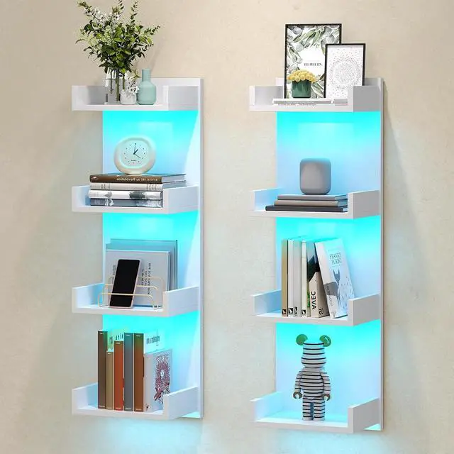 Alt view image 7 of 7 - Floating Wall Shelves with LED Lights, Floating Shelf Wall Mounted for Storage, Vertical Display Stand, Modern Column Rack, for Bedroom, Livingroom, 4-Tier, 35.4 Inches, White, WT41DBJ01