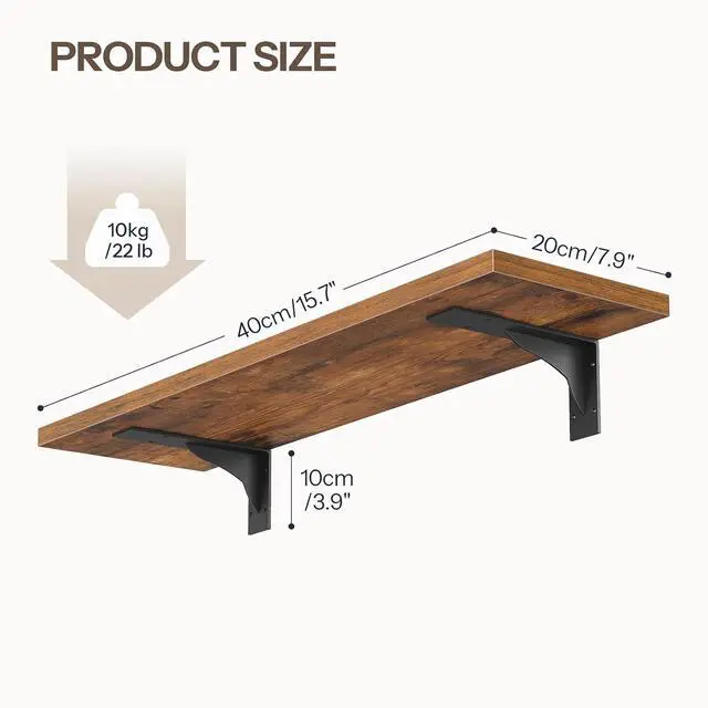 Alt view image 3 of 7 - Floating Shelves for Wall, 15.7" Wall Mounted Shelves Set of 2, Hanging Storage Shelf with Metal Brackets, Wooden Shelf for Living Room, Bedroom, Bathroom, Rustic Brown and Black BF42BJP201G1
