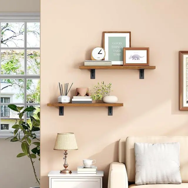 Alt view image 2 of 7 - Floating Shelves for Wall, 15.7" Wall Mounted Shelves Set of 2, Hanging Storage Shelf with Metal Brackets, Wooden Shelf for Living Room, Bedroom, Bathroom, Rustic Brown and Black BF42BJP201G1