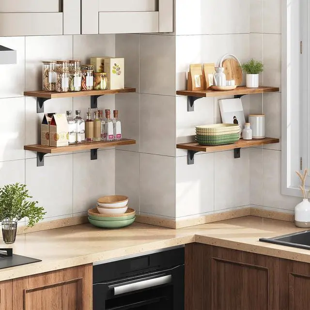 Alt view image 5 of 7 - Floating Shelves for Wall, 15.7" Wall Mounted Shelves Set of 2, Hanging Storage Shelf with Metal Brackets, Wooden Shelf for Living Room, Bedroom, Bathroom, Rustic Brown and Black BF42BJP201G1