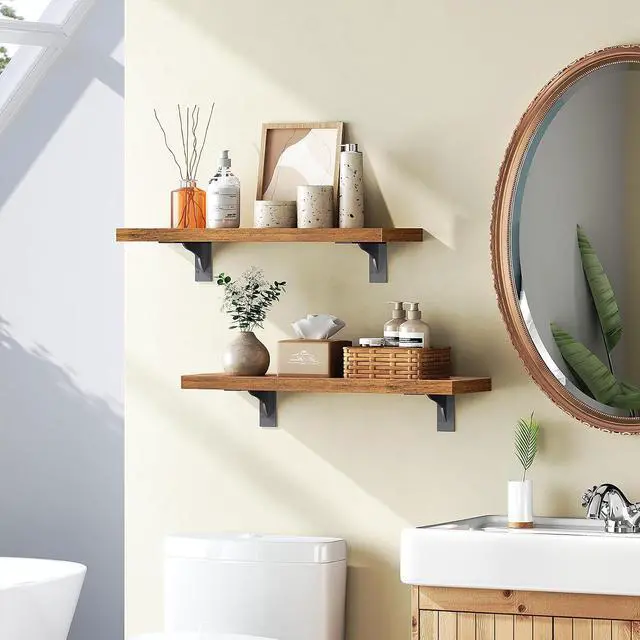 Alt view image 6 of 7 - Floating Shelves for Wall, 15.7" Wall Mounted Shelves Set of 2, Hanging Storage Shelf with Metal Brackets, Wooden Shelf for Living Room, Bedroom, Bathroom, Rustic Brown and Black BF42BJP201G1