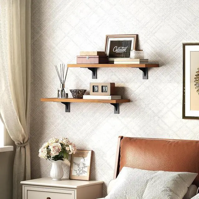 Alt view image 4 of 7 - Floating Shelves for Wall, 15.7" Wall Mounted Shelves Set of 2, Hanging Storage Shelf with Metal Brackets, Wooden Shelf for Living Room, Bedroom, Bathroom, Rustic Brown and Black BF42BJP201G1