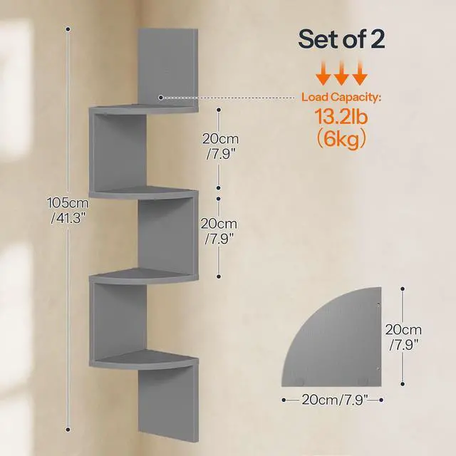 Alt view image 2 of 7 - Corner Shelf Wall-Mounted, Set of 2 Floating Corner Shelves for Wall, 4-Tier Bookshelves for Wall Decor in Living Room, Bedroom, Home Office, Dove Gray GY25BJP201