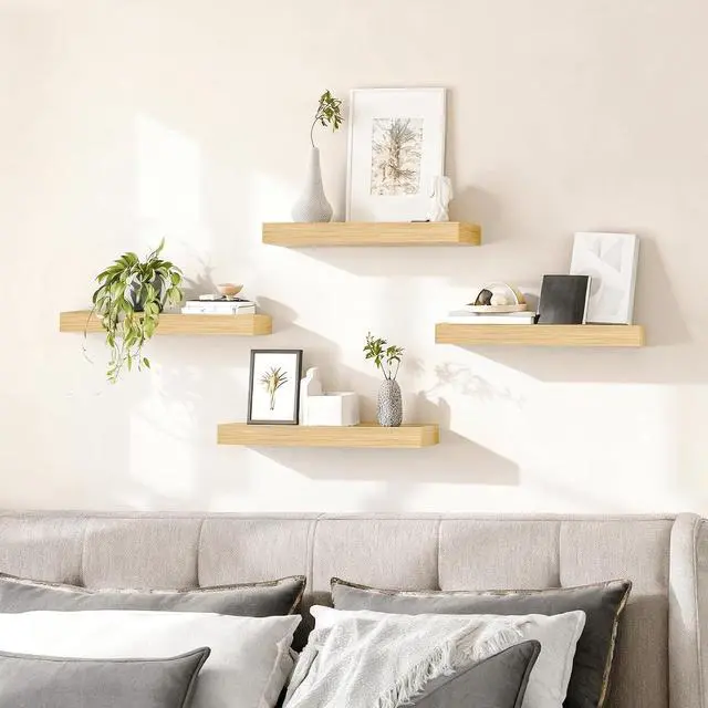 Alt view image 5 of 7 - Floating Shelves for Wall, Wall Mounted Shelf Set of 2, 15.7" Hanging Shelf with Invisible Brackets, for Wall Decor Storage in Bathroom Bedroom Kitchen Living Room Office, Natural NL40BJ01