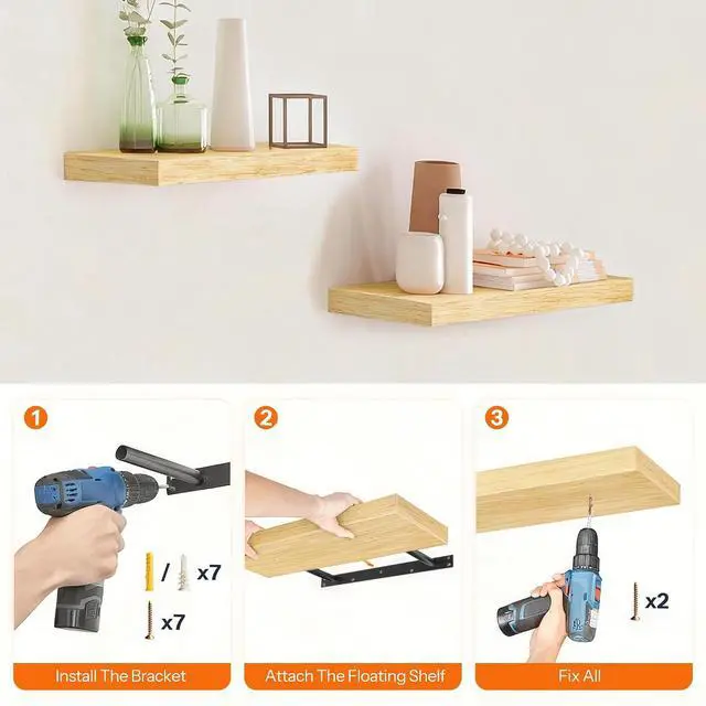 Alt view image 7 of 7 - Floating Shelves for Wall, Wall Mounted Shelf Set of 2, 15.7" Hanging Shelf with Invisible Brackets, for Wall Decor Storage in Bathroom Bedroom Kitchen Living Room Office, Natural NL40BJ01