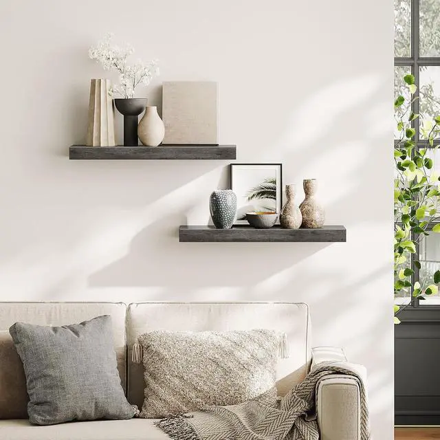 Alt view image 2 of 7 - Floating Shelves for Wall, Wall Mounted Shelf Set of 2, 23.6" Hanging Shelf with Invisible Brackets, for Wall Decor Storage in Bathroom Bedroom Kitchen Livingroom Office, Charcoal Gray BC60BJ01