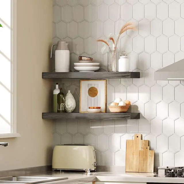 Alt view image 4 of 7 - Floating Shelves for Wall, Wall Mounted Shelf Set of 2, 23.6" Hanging Shelf with Invisible Brackets, for Wall Decor Storage in Bathroom Bedroom Kitchen Livingroom Office, Charcoal Gray BC60BJ01