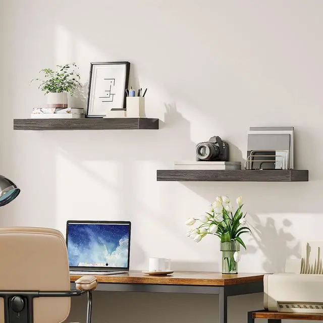 Alt view image 5 of 7 - Floating Shelves for Wall, Wall Mounted Shelf Set of 2, 23.6" Hanging Shelf with Invisible Brackets, for Wall Decor Storage in Bathroom Bedroom Kitchen Livingroom Office, Charcoal Gray BC60BJ01