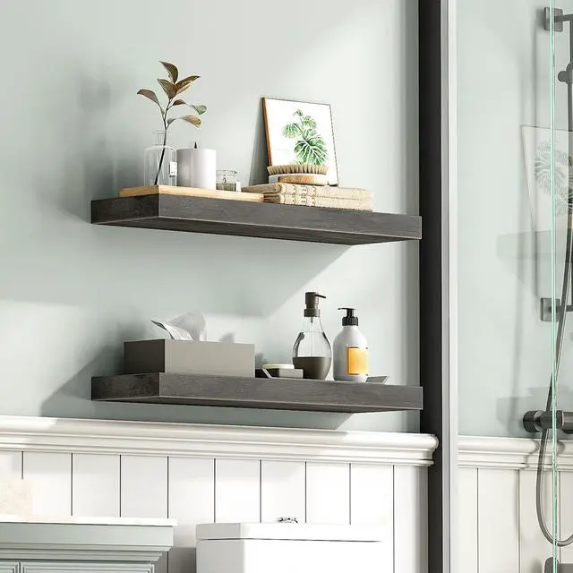 Alt view image 6 of 7 - Floating Shelves for Wall, Wall Mounted Shelf Set of 2, 23.6" Hanging Shelf with Invisible Brackets, for Wall Decor Storage in Bathroom Bedroom Kitchen Livingroom Office, Charcoal Gray BC60BJ01