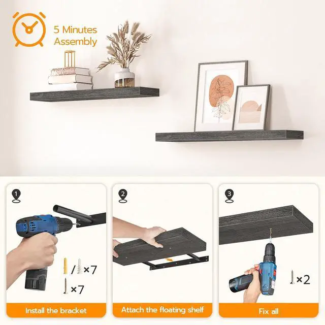 Alt view image 7 of 7 - Floating Shelves for Wall, Wall Mounted Shelf Set of 2, 23.6" Hanging Shelf with Invisible Brackets, for Wall Decor Storage in Bathroom Bedroom Kitchen Livingroom Office, Charcoal Gray BC60BJ01